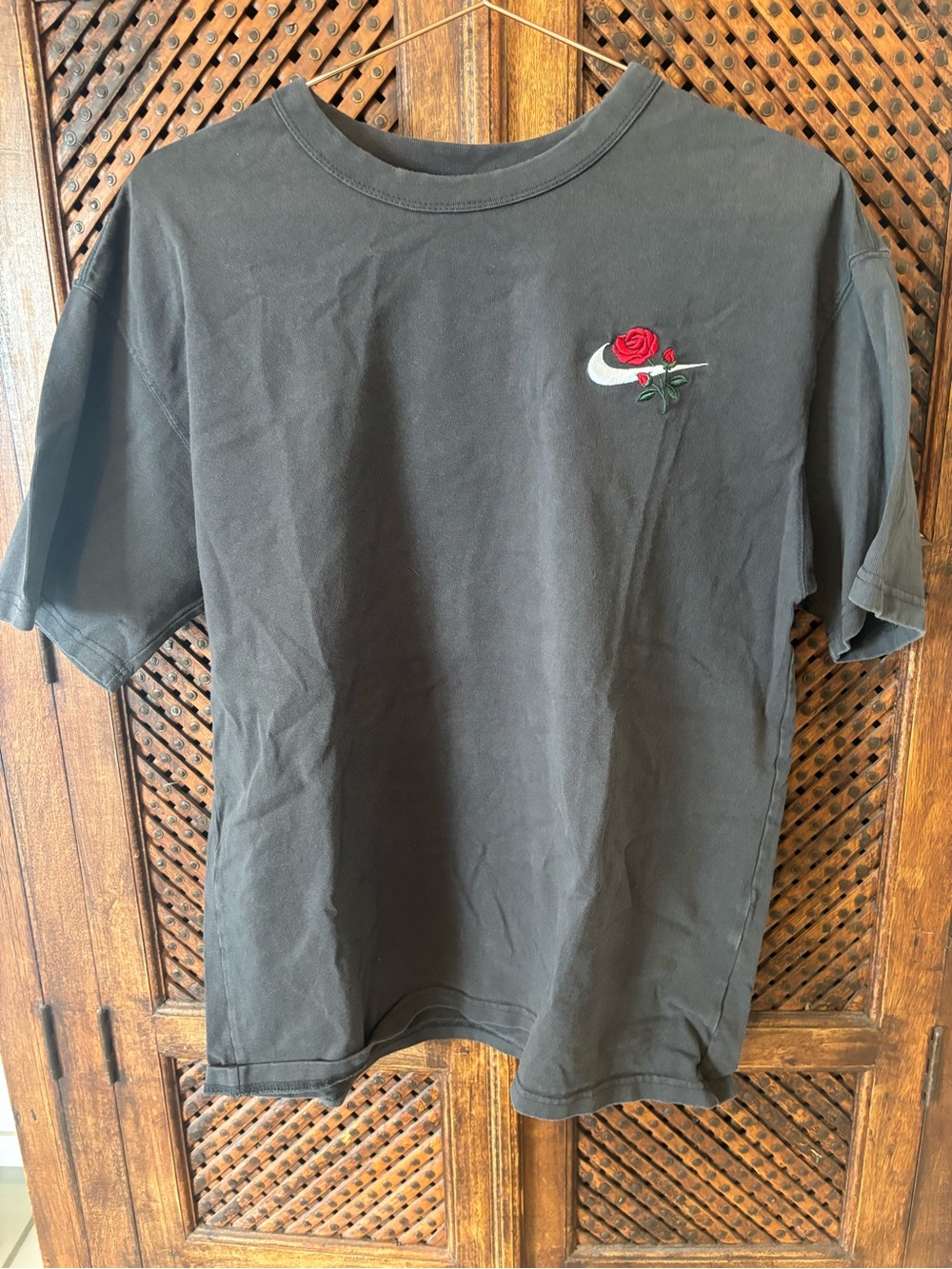 Nike Black Short-Sleeve Tee with Red Rose Embroidery